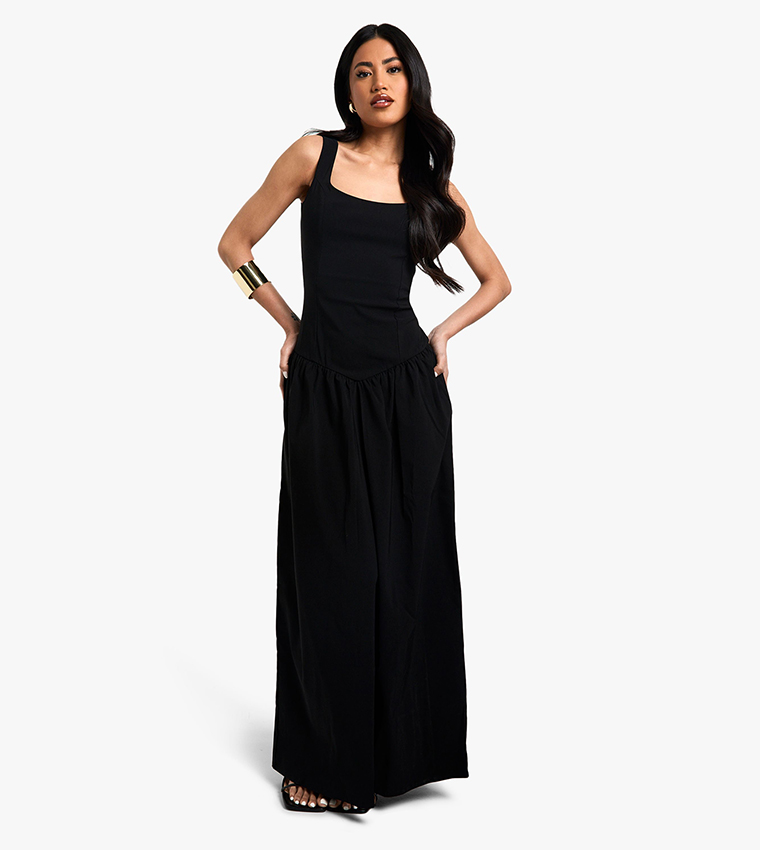 Bengaline Square Neck Dropped Waist Maxi Dress