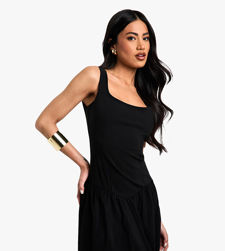 Bengaline Square Neck Dropped Waist Maxi Dress