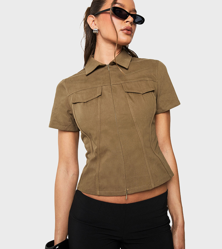 Pocket Detail Zip Trough Twill Fitted Shirt