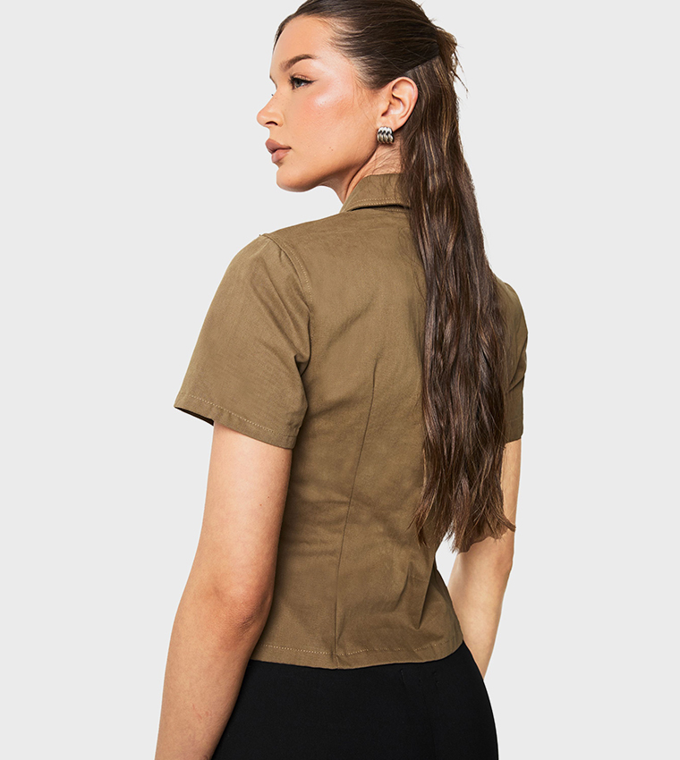 Pocket Detail Zip Trough Twill Fitted Shirt