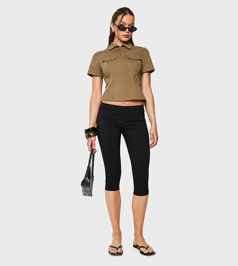 Pocket Detail Zip Trough Twill Fitted Shirt