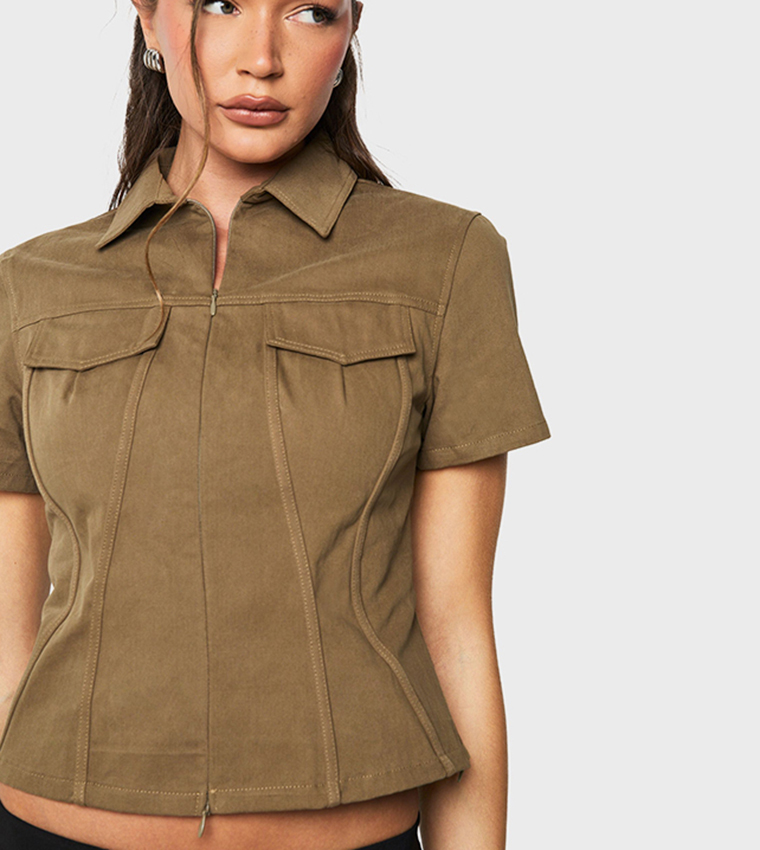 Pocket Detail Zip Trough Twill Fitted Shirt