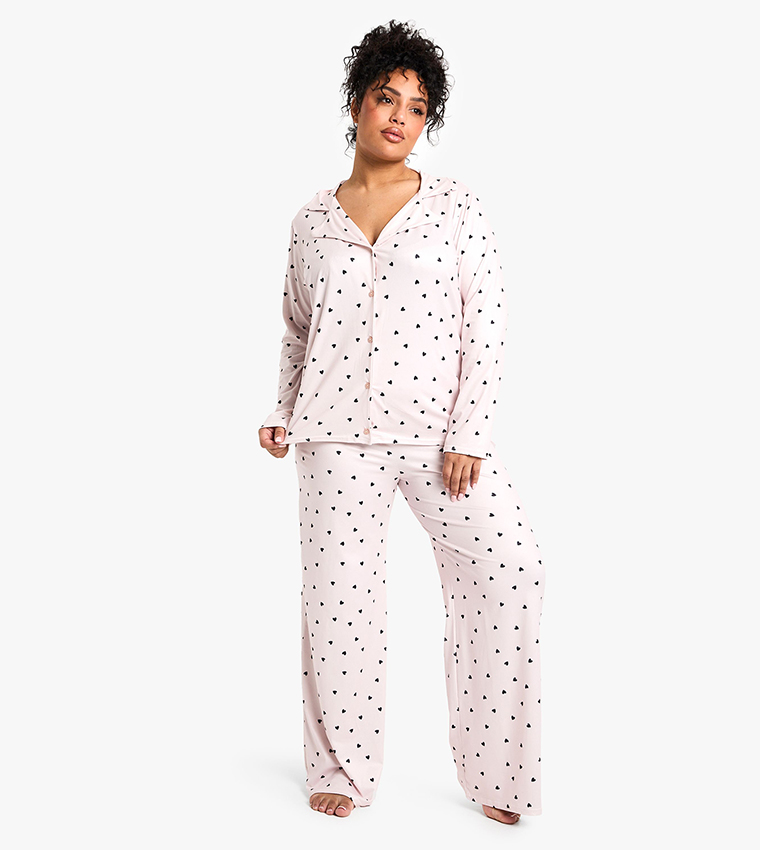 Curve Heart Print Long Sleeves & Trouser Pyjama Set - Non Returnable