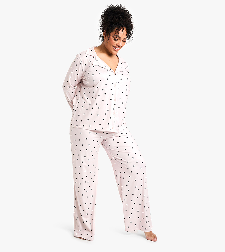 Curve Heart Print Long Sleeves & Trouser Pyjama Set - Non Returnable
