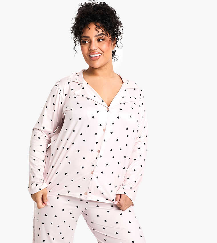 Curve Heart Print Long Sleeves & Trouser Pyjama Set - Non Returnable