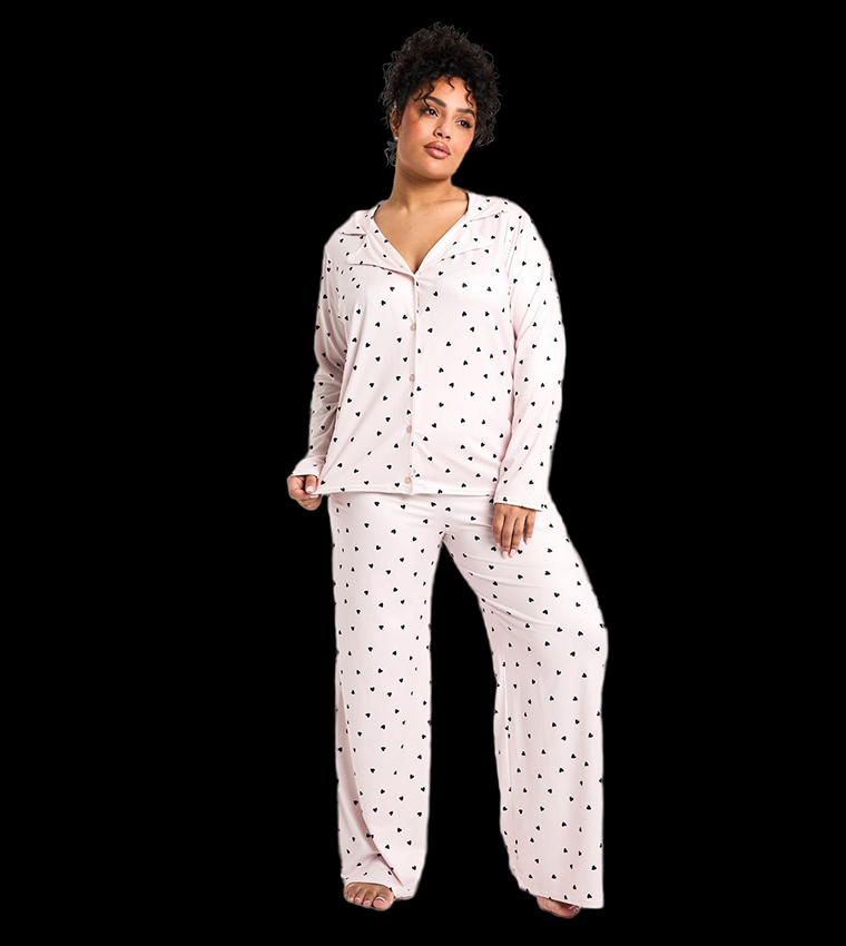 Curve Heart Print Long Sleeves & Trouser Pyjama Set - Non Returnable