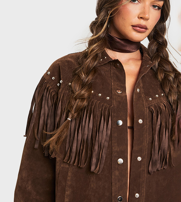 Studded Fringe Faux Suede Jacket