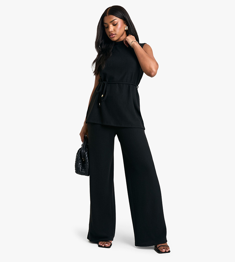 Brushed Tunic Tie Belt Top and Wide Leg Trouser Set