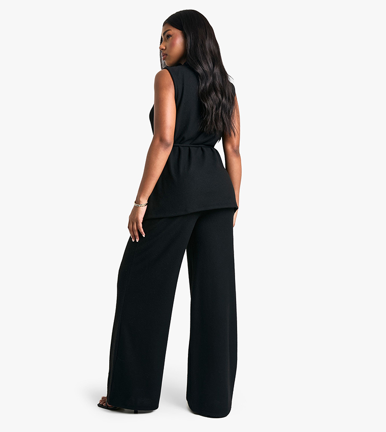 Brushed Tunic Tie Belt Top and Wide Leg Trouser Set