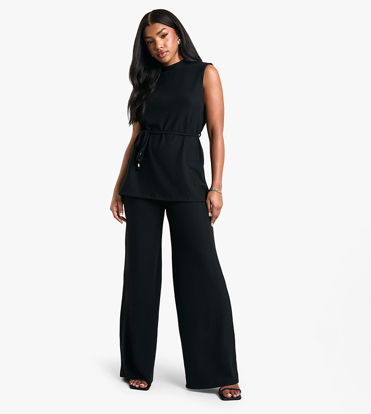 Brushed Tunic Tie Belt Top and Wide Leg Trouser Set
