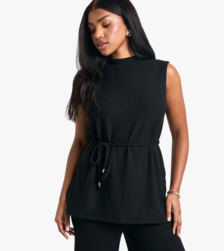 Brushed Tunic Tie Belt Top and Wide Leg Trouser Set