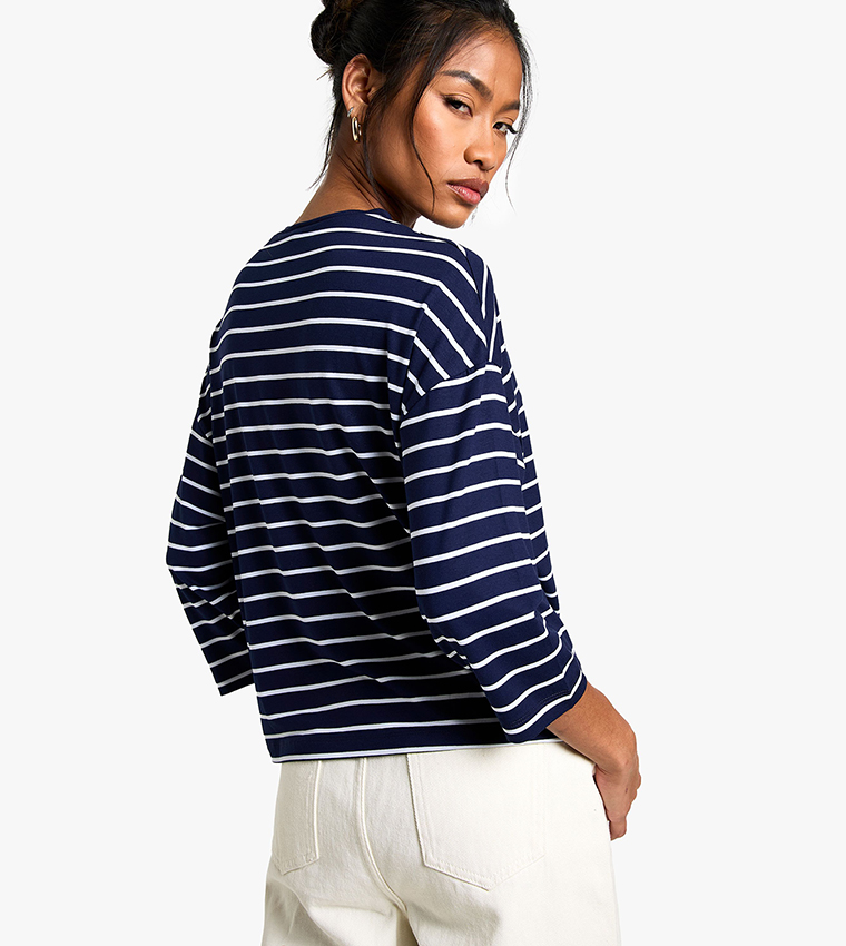 Striped 3/4th Sleeves Crew Neck T-Shirt