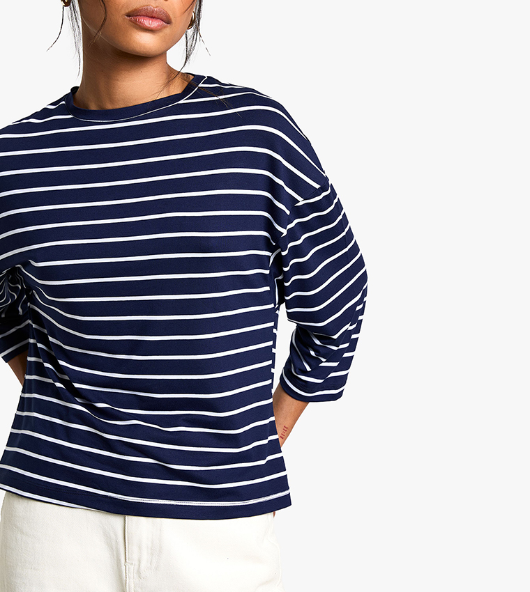 Striped 3/4th Sleeves Crew Neck T-Shirt