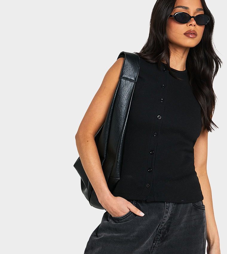 Heavy Ribbed Button Through Sleeveless Top