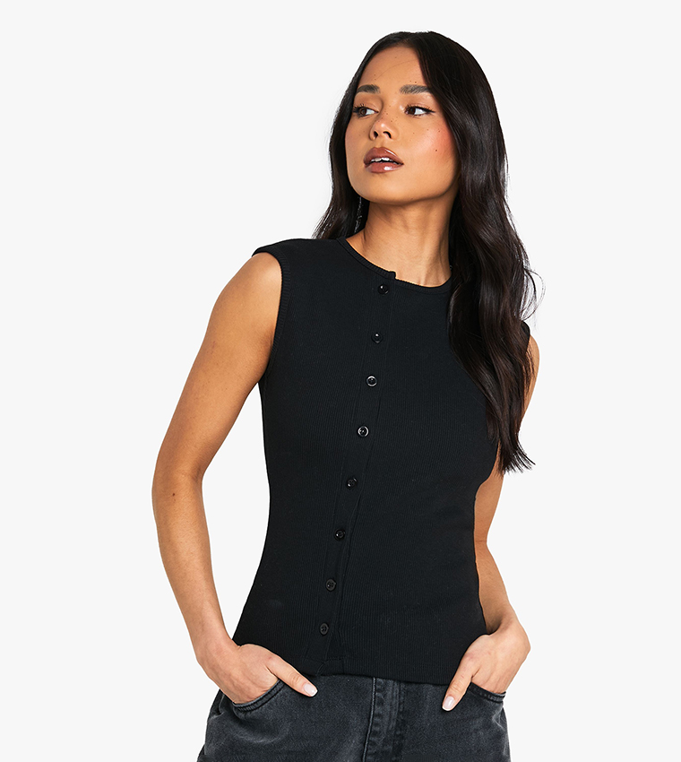 Heavy Ribbed Button Through Sleeveless Top