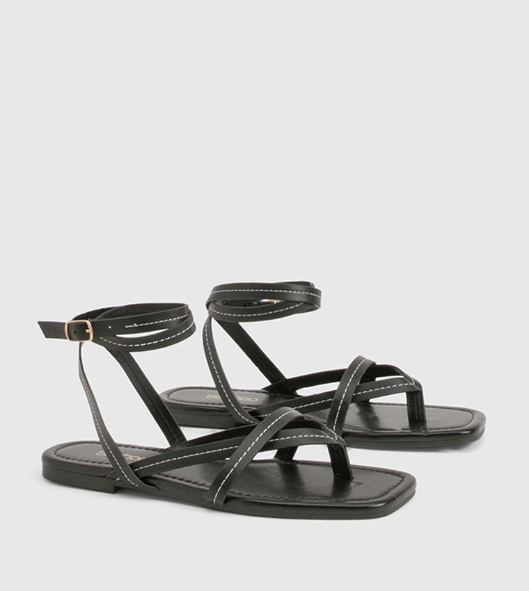 Contrast Stitch Toe Post Wrap Flat Sandals