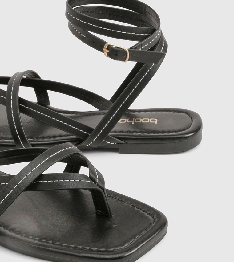 Contrast Stitch Toe Post Wrap Flat Sandals
