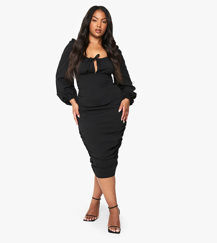 Buy Boohoo Curve Blouson Sleeves Rouched Midi Dress In Black