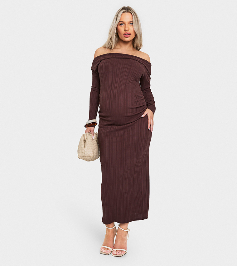 Maternity Rib Off Shoulder Ruched Midaxi Dress