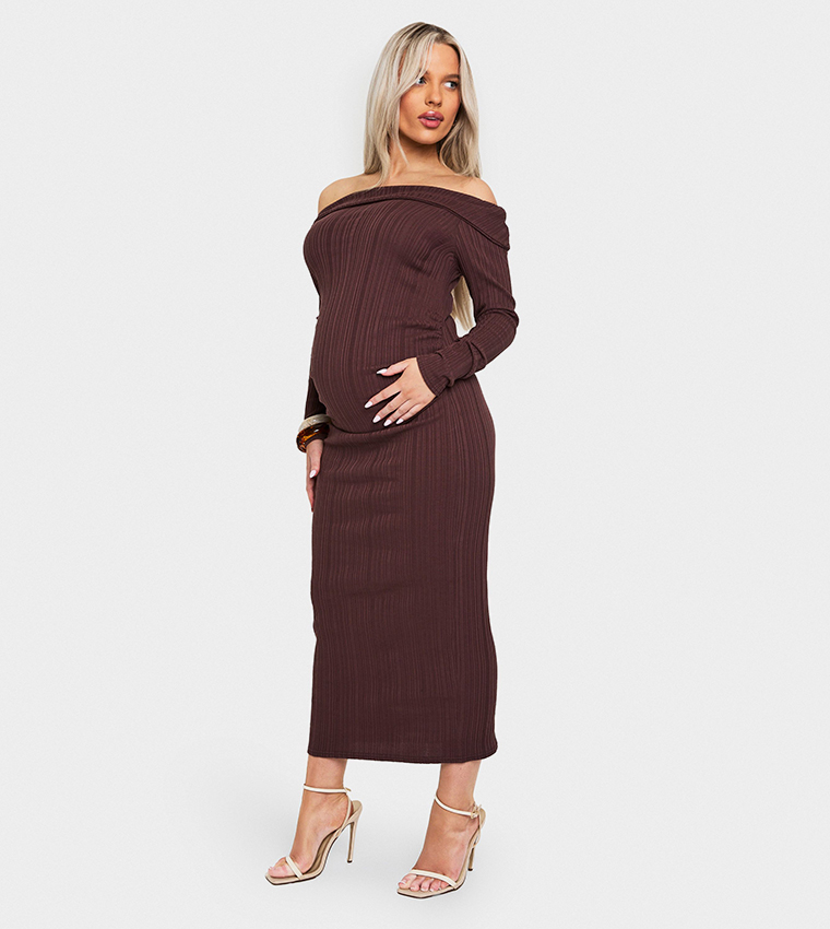 Maternity Rib Off Shoulder Ruched Midaxi Dress