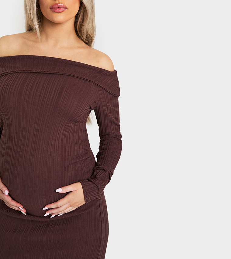 Maternity Rib Off Shoulder Ruched Midaxi Dress