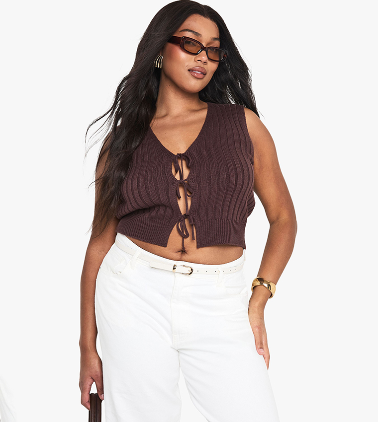 Curve Knitted Tie Detail Crop Top