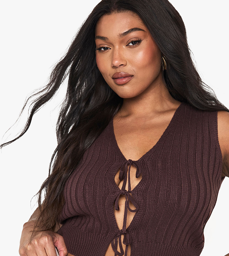 Curve Knitted Tie Detail Crop Top