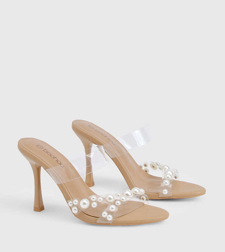 Pearl Detail Clear Heel Sandals