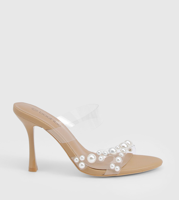 Pearl Detail Clear Heel Sandals