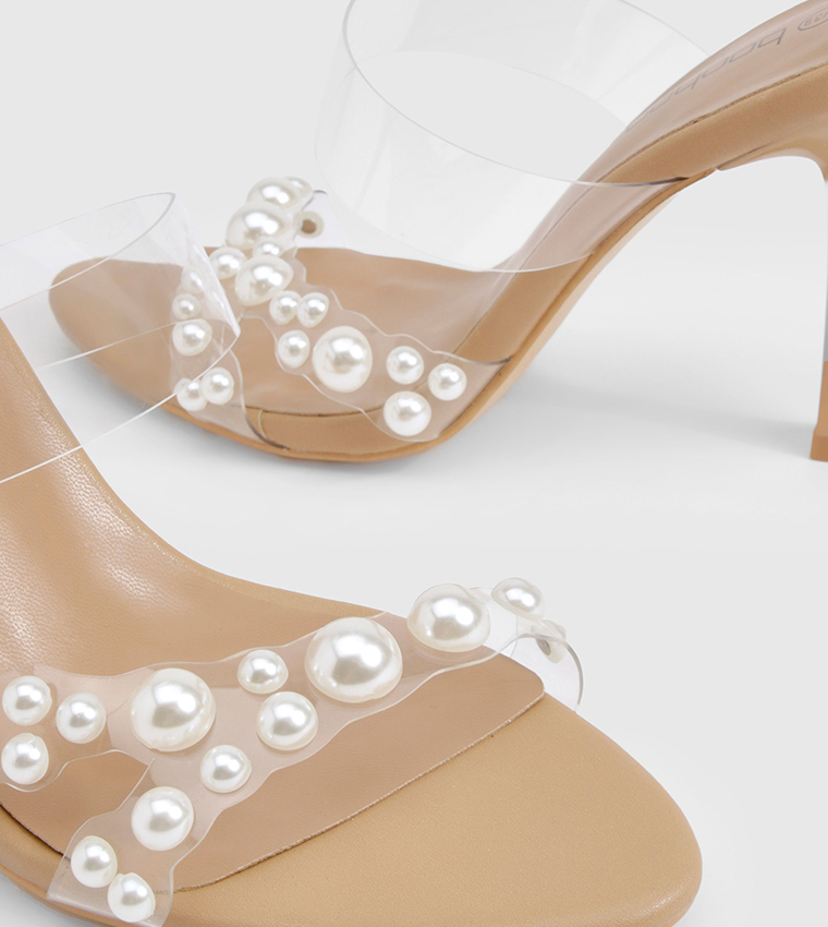 Pearl Detail Clear Heel Sandals