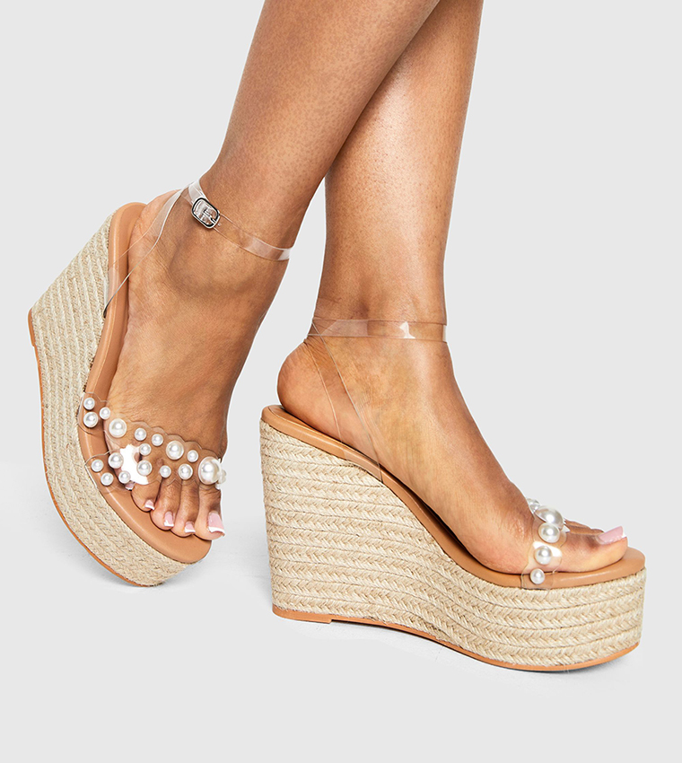 Pearl Detail Clear Wedge Sandals