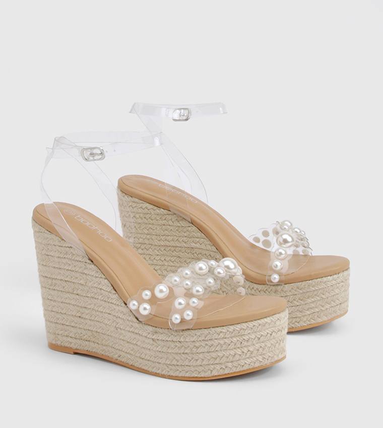 Pearl Detail Clear Wedge Sandals