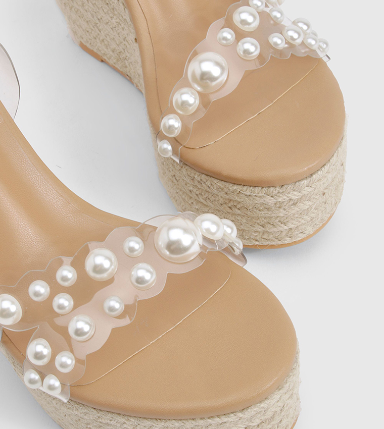Pearl Detail Clear Wedge Sandals