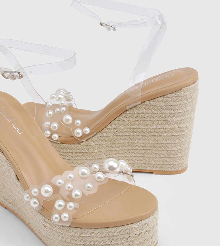 Pearl Detail Clear Wedge Sandals