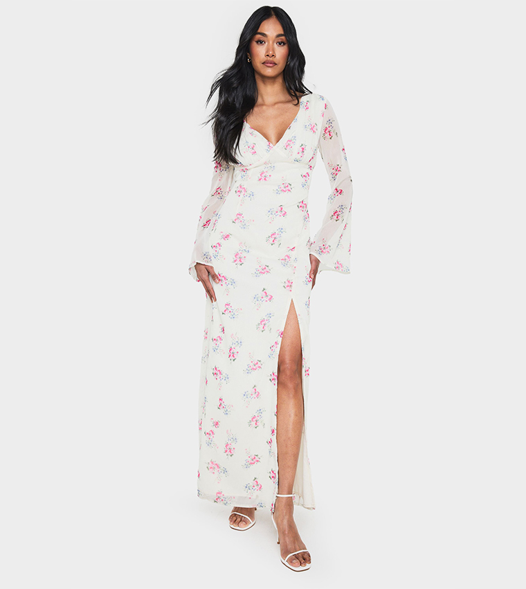 Buy Boohoo Floral Print Chiffon Plunge Maxi Dress In White