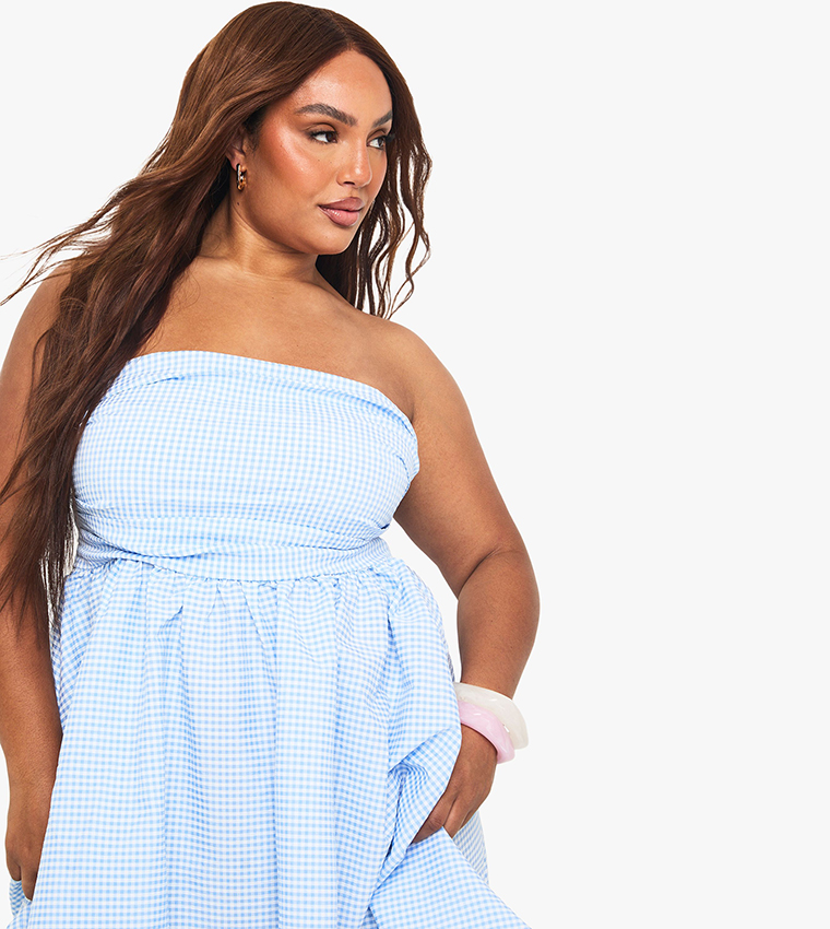 Buy Boohoo Curve Gingham Bandeau Mini Dress In Blue | 6thstreet Qatar