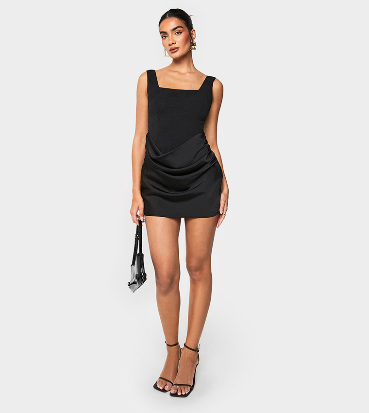 Satin Drape Square Neck Mini Dress