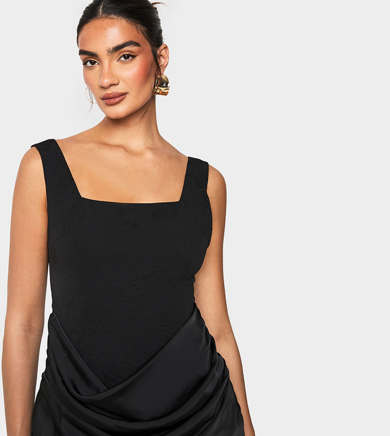 Satin Drape Square Neck Mini Dress