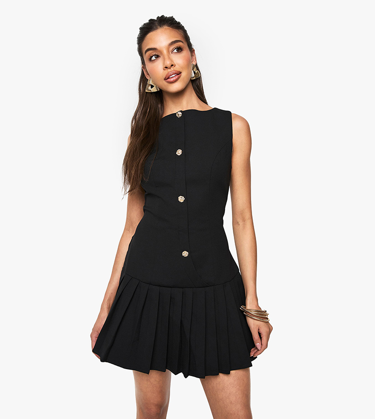 Dropped Waist Pleated Mini Dress