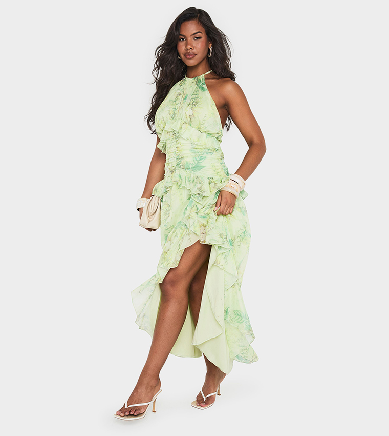 Floral Printed Halterneck Ruffled Maxi Dress
