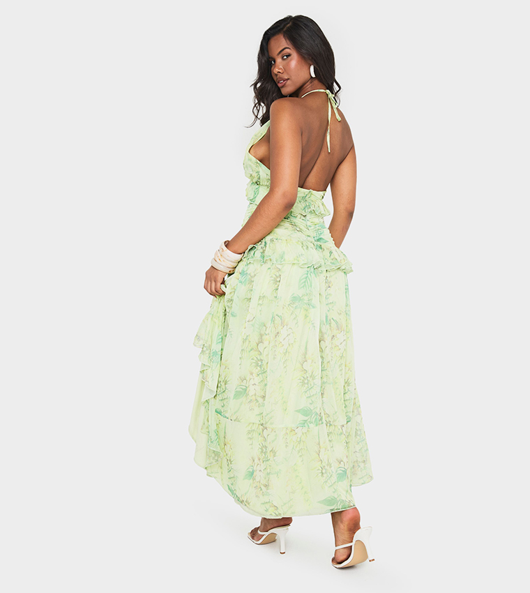 Floral Printed Halterneck Ruffled Maxi Dress