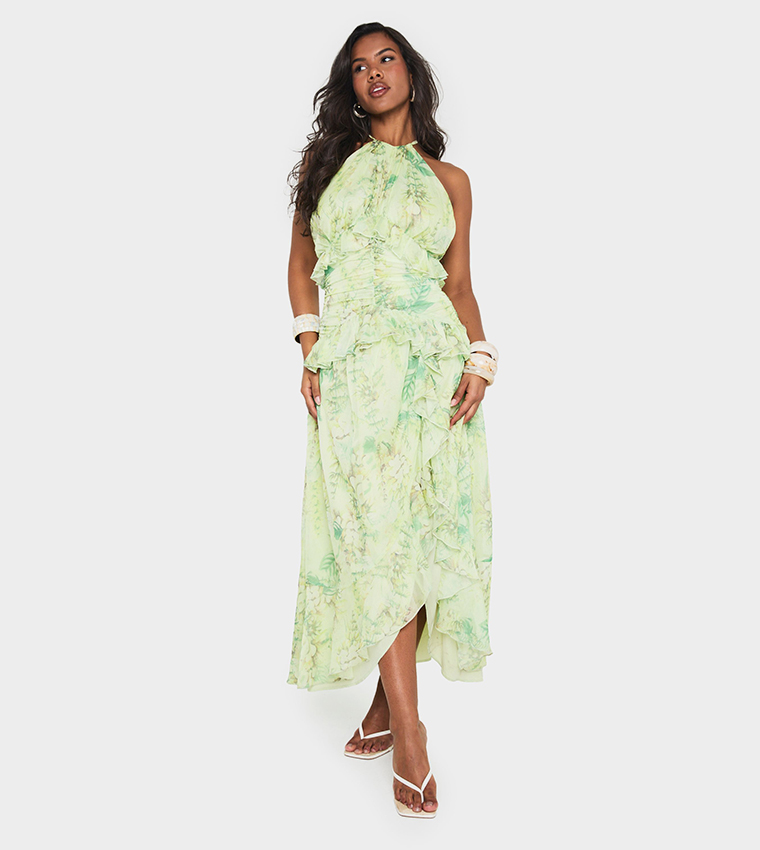 Floral Printed Halterneck Ruffled Maxi Dress
