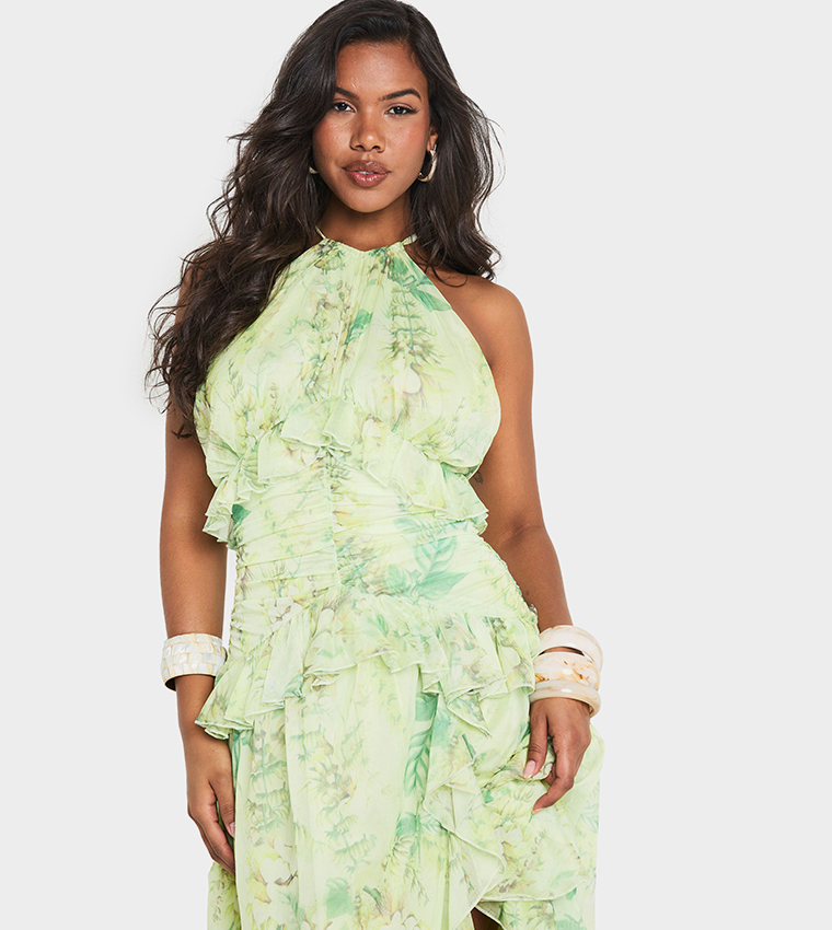 Floral Printed Halterneck Ruffled Maxi Dress