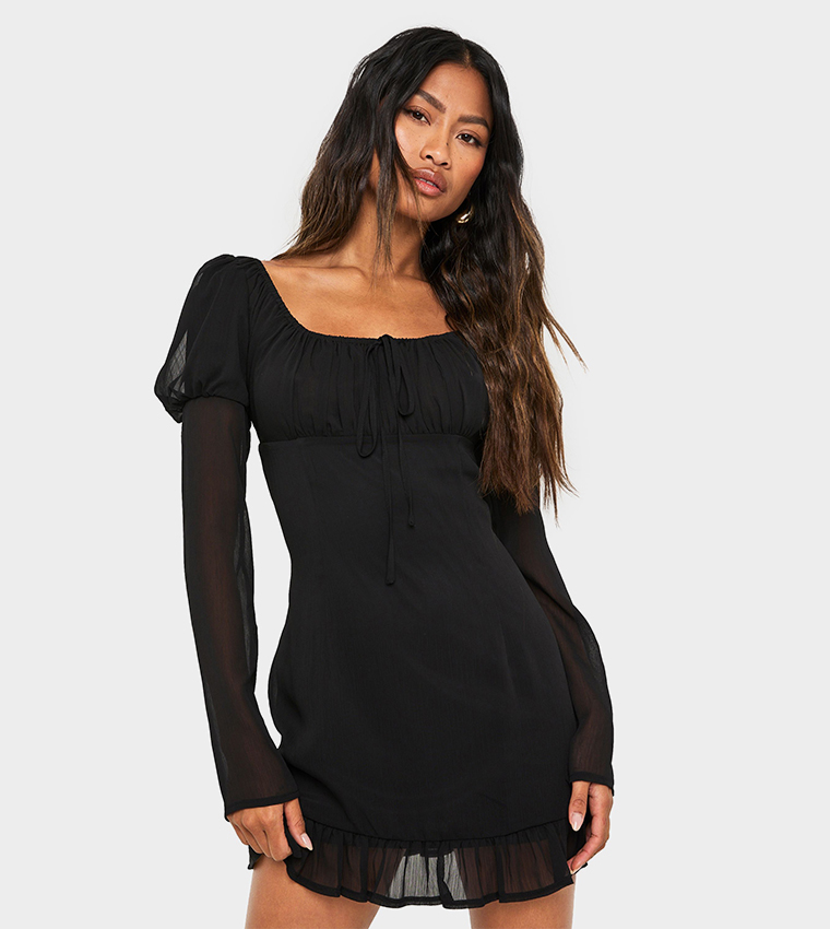 Crinkle Chiffon Long Sleeves Mini Dress