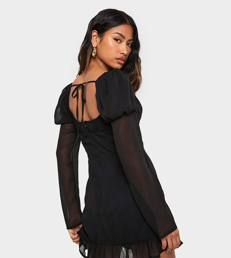 Crinkle Chiffon Long Sleeves Mini Dress