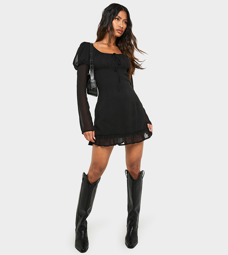 Crinkle Chiffon Long Sleeves Mini Dress
