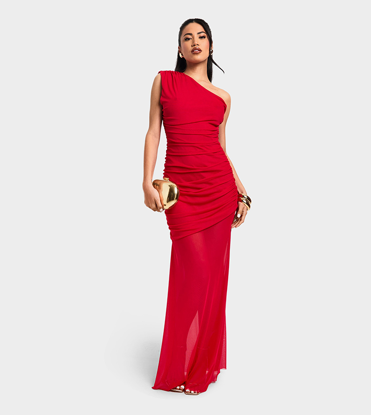 One Shoulder Ruched Mesh Maxi Dress