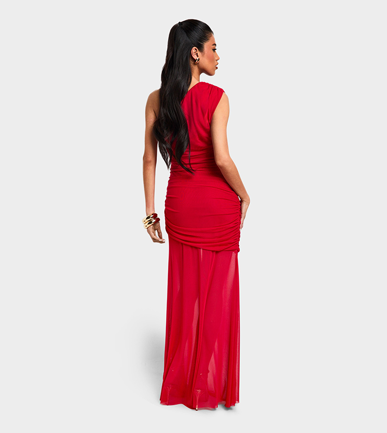 One Shoulder Ruched Mesh Maxi Dress
