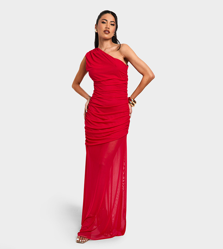 One Shoulder Ruched Mesh Maxi Dress