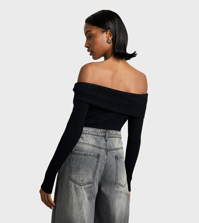 Ribbed Bardot Twist Bodysuit Top